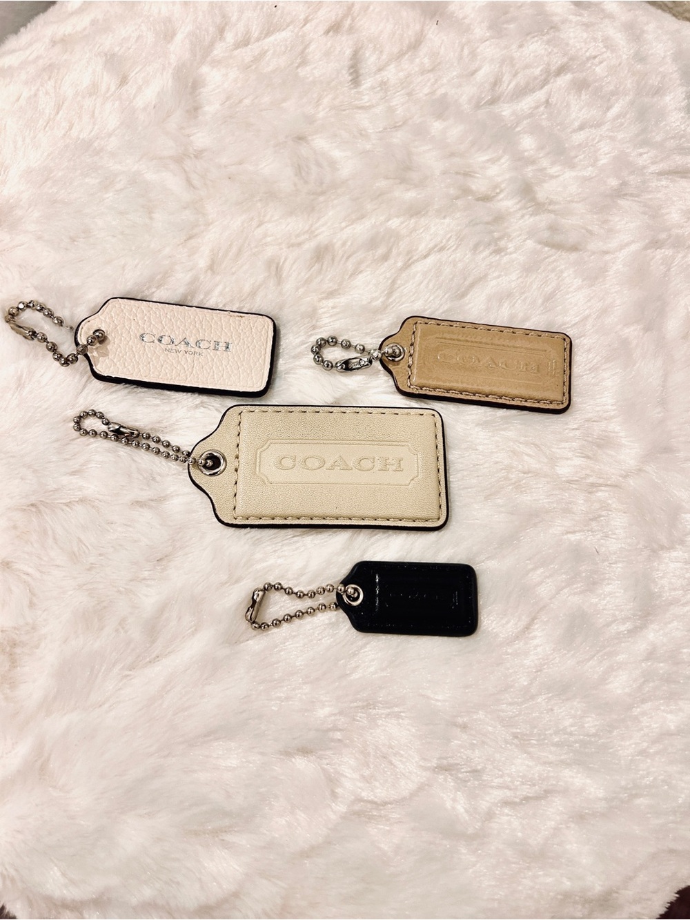 4 Coach Leather Hang Tags Ivory, Black, Beige, White & Silver Ball & Chains